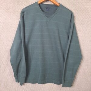 Van Heusen Studio Shirt Mens L Green Striped V Neck Cotton Blend Long Sleeve